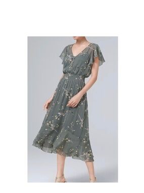 White House Black Market dress Floral V-Neck Flutter Sleeve Midi Dress - Olive